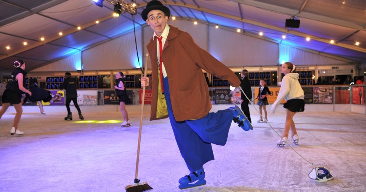 Tweedy the Clown and Keef on the ice at Cheltenham Ice Rink.